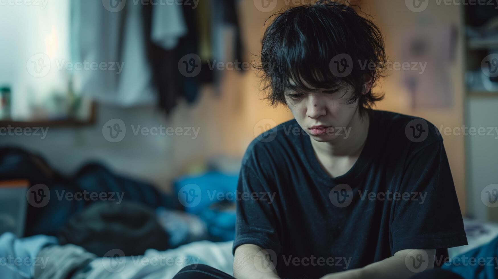 Portrait of a Japanese Teenage Boy Sitting in a Bedroom, Reflecting Thoughtfully, Casual Setting, Diverse Representation photo