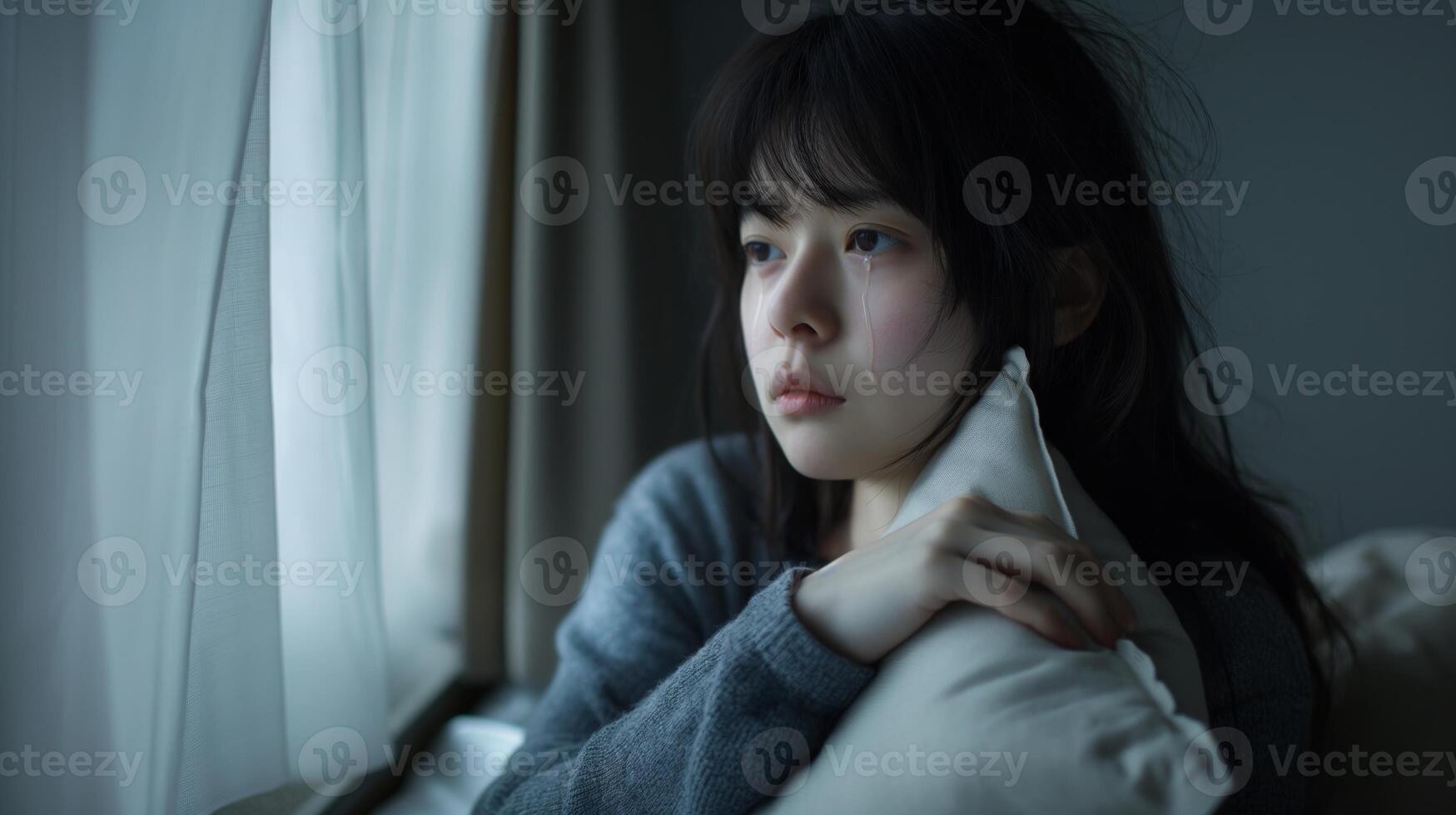 Pensive Young Woman by Window, Embracing Pillow, Reflective Mood, Warm Light, CloseUp Portrait, Concept of Contemplation photo