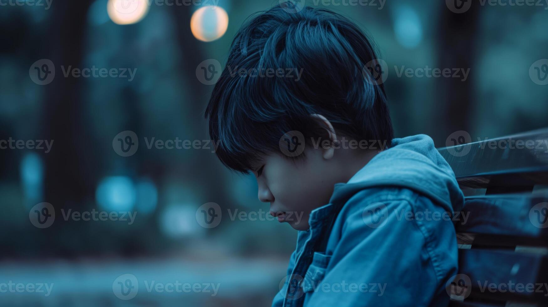 Young East Asian Boy Sitting Alone on Park Bench at Dusk, Reflective Mood, Suitable for Emotional or Reflective Themes in Design for Print, Card, Poster photo