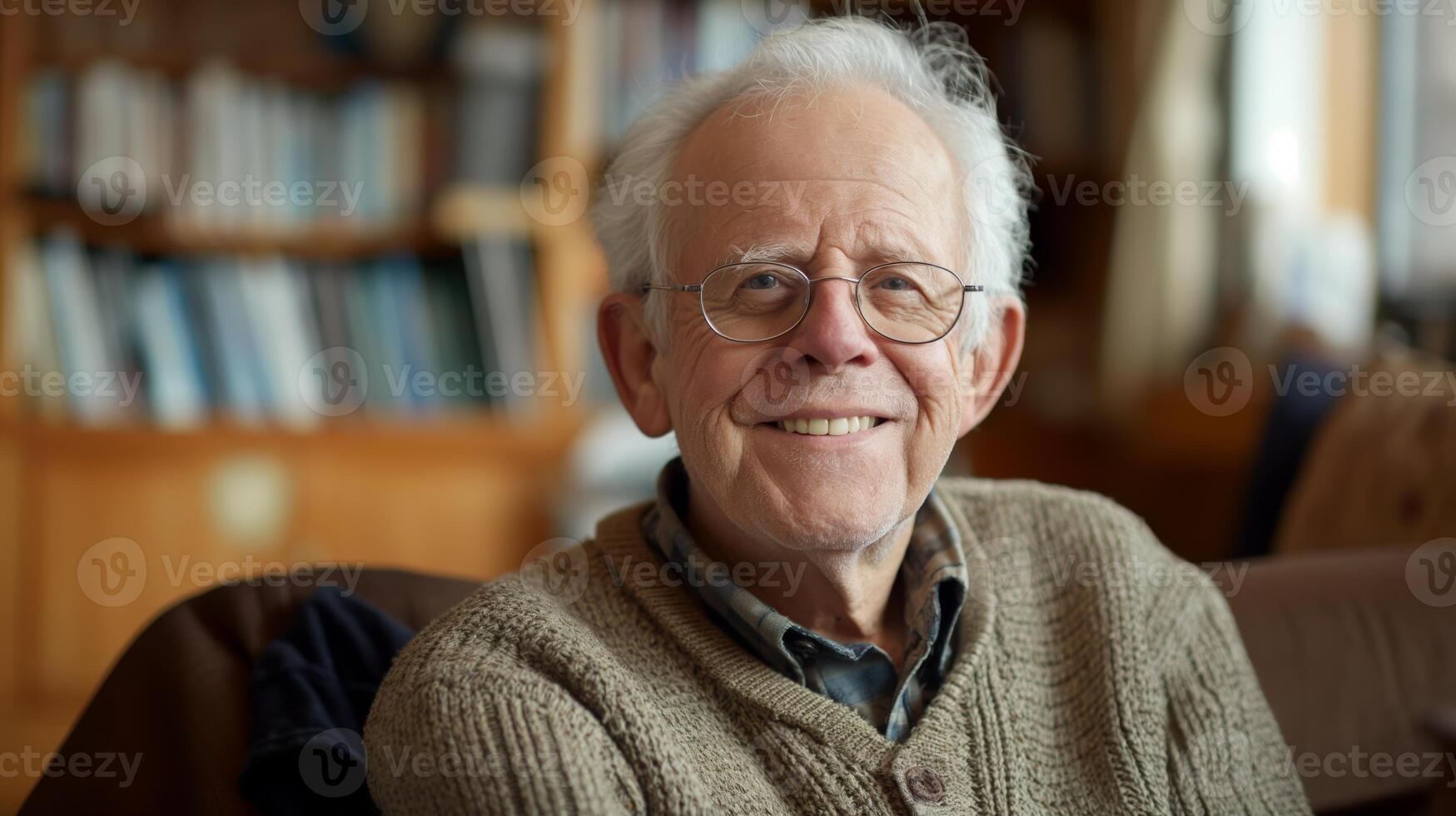 Warm Smiling Elderly Man in Cozy Sweater, Relaxing at Home Library, Western European Senior, Comfortable Atmosphere, Thoughtful Read photo