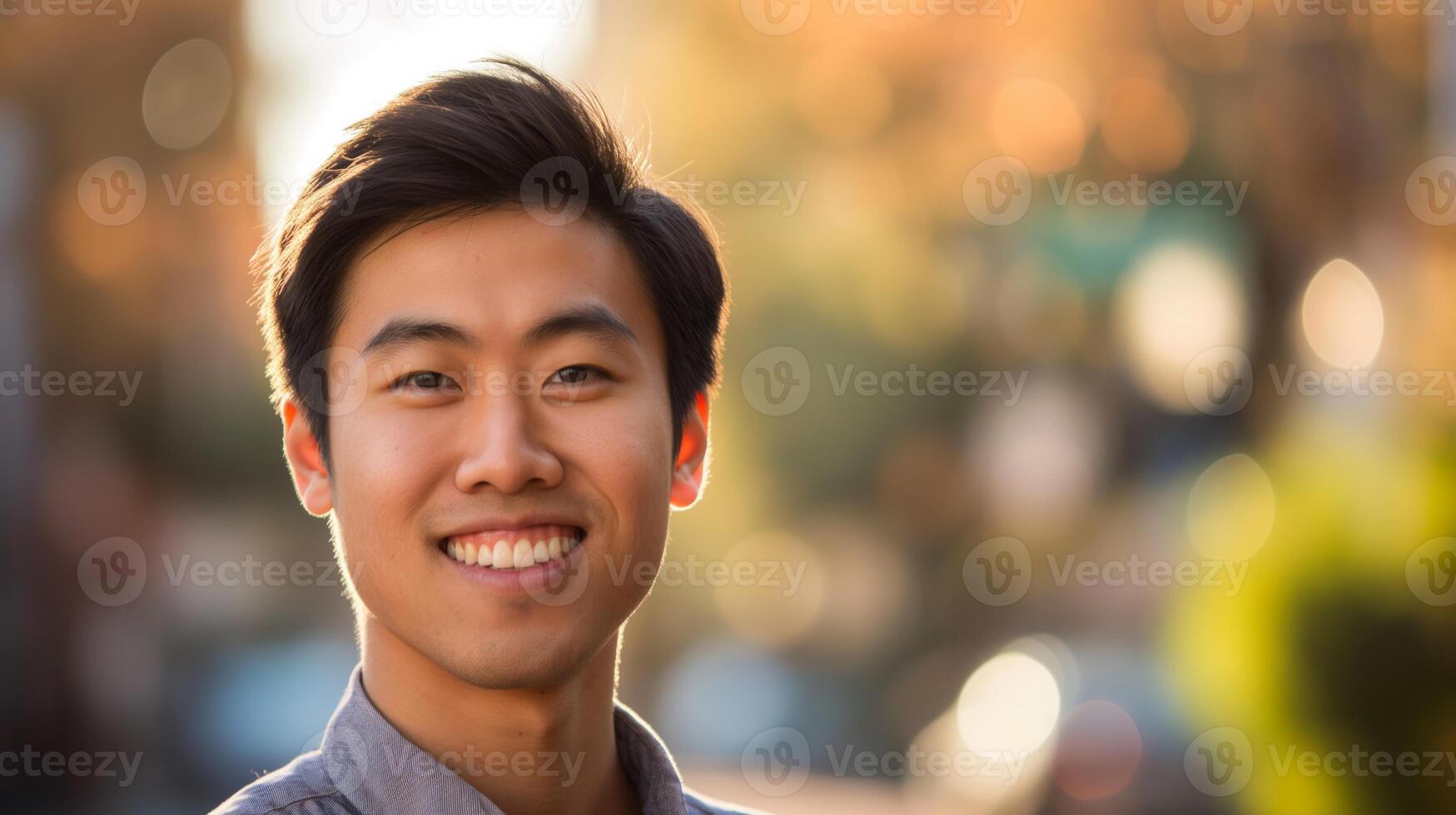Confident Smiling Young East Asian Man Outdoors in Natural Light for Social Media Headshot photo