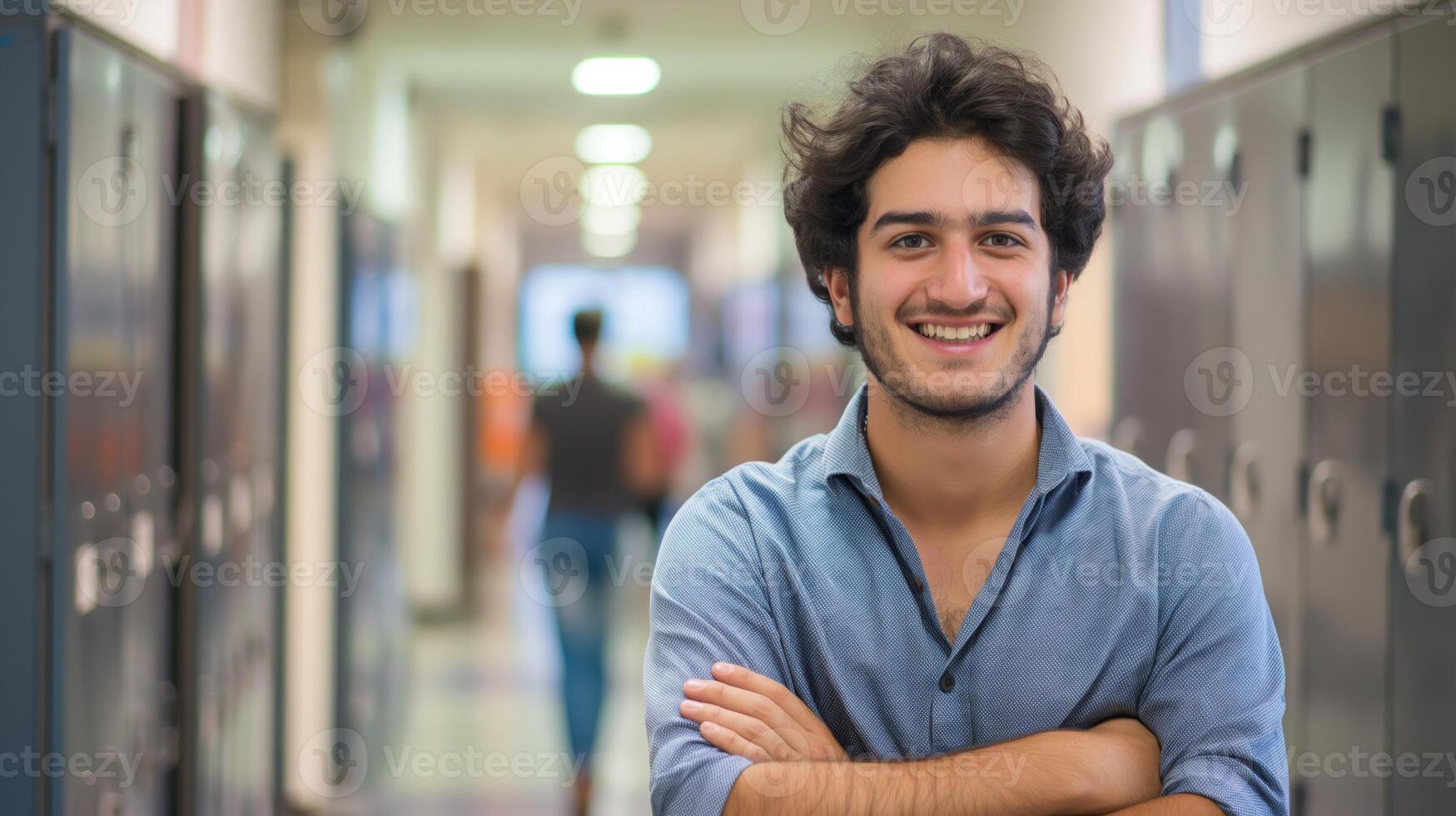 Confident Greek Male Student Smiling in University Hallway, Education and Cultural Diversity, Perfect for Educational Print and Digital Use photo