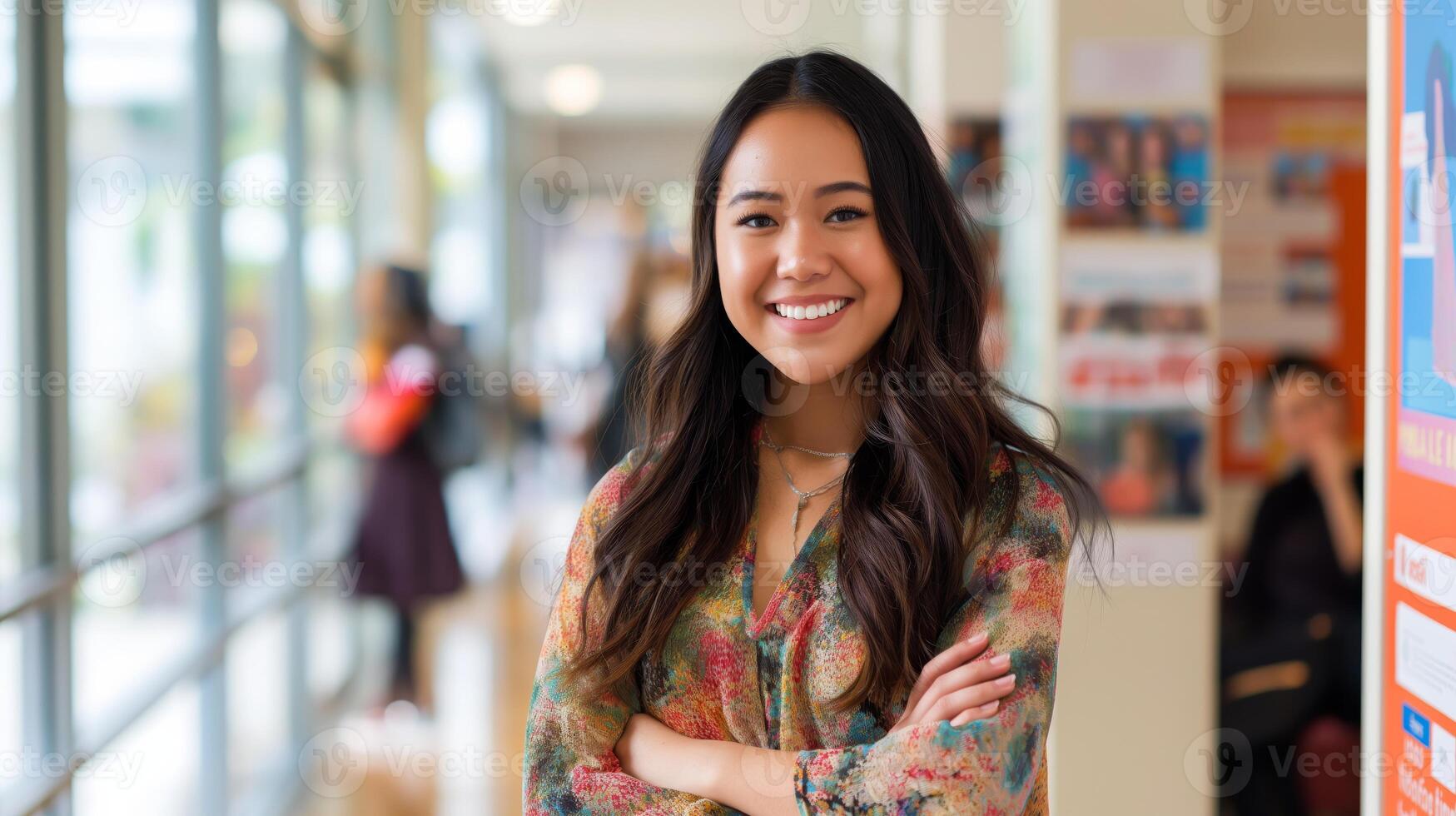 Pacific Islander Female Student Smiling In Bright School Hallway Education, Diversity, Youth Empowerment photo