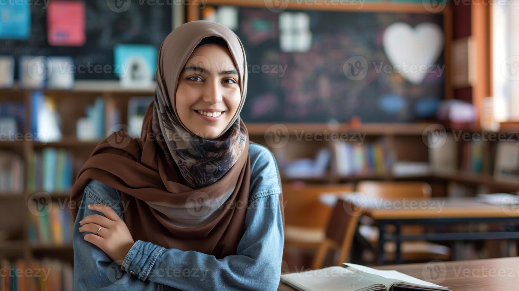 Middle Eastern Female Student in Classroom, Studying in a Cozy School Library, Wearing Hijab, Education and Learning Concept photo