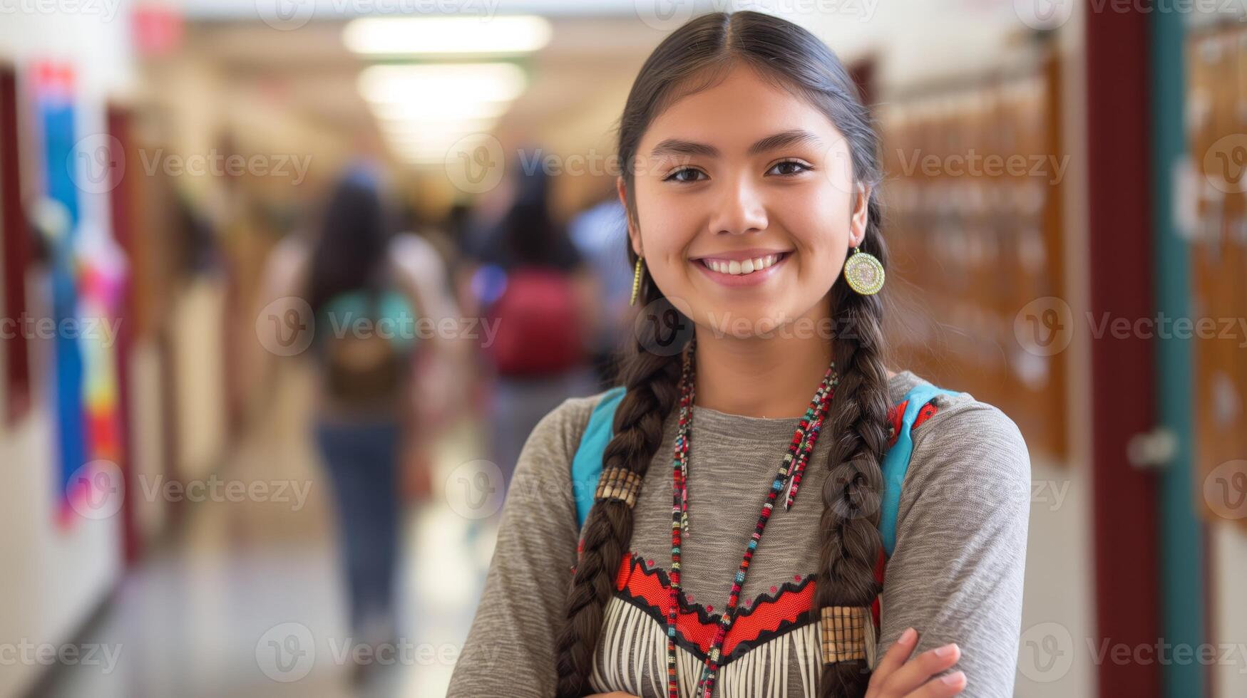 Native American Student Standing Confidently in School Hallway, Symbolizing Cultural Diversity, Education, and Youth Empowerment photo