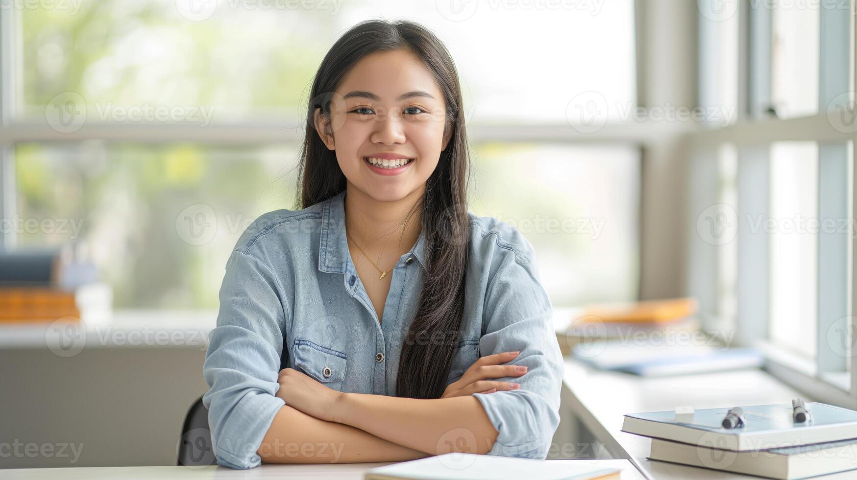 Smiling Southeast Asian Female Student at Desk in Bright Classroom, Ideal for Educational and College Marketing Materials photo