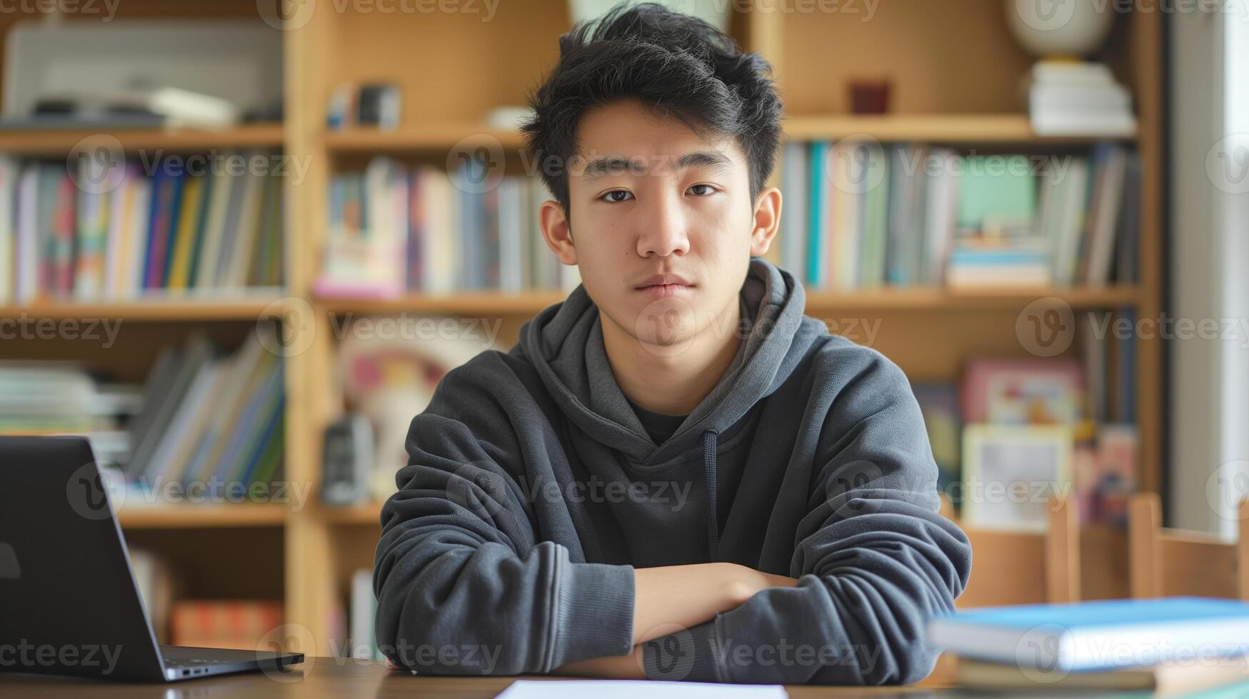 Young East Asian Male Student Wearing Gray Hoodie Studying at a Desk in a Cozy Library photo