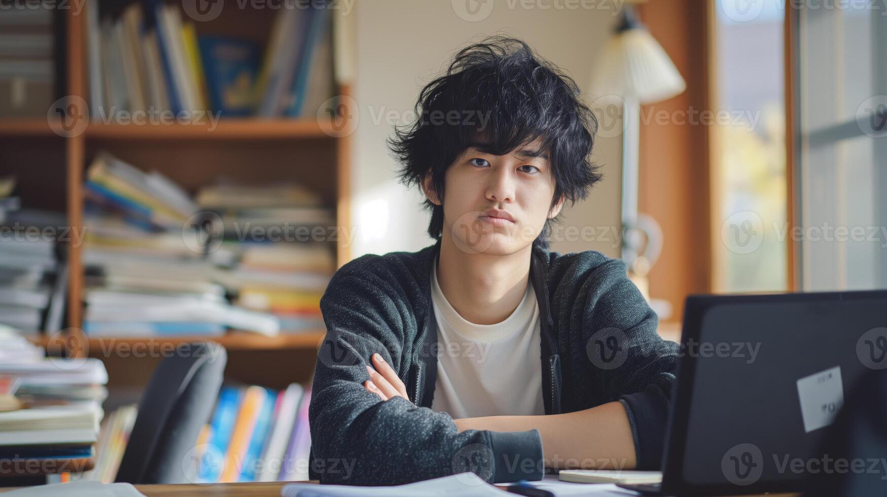 Young Japanese Male Student Sitting at Desk in Library with Books and Laptop for Study, Portrait Focused on Education and Learning photo