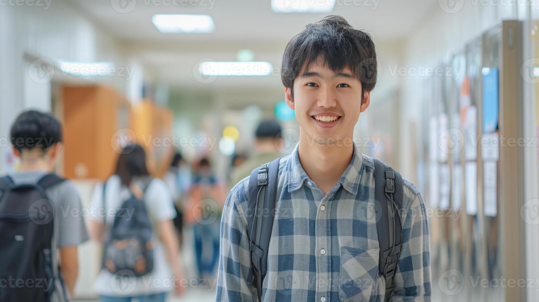 Young Japanese Male Student in University Hallway Education, Diversity, Campus Life, Academic Pursuits photo