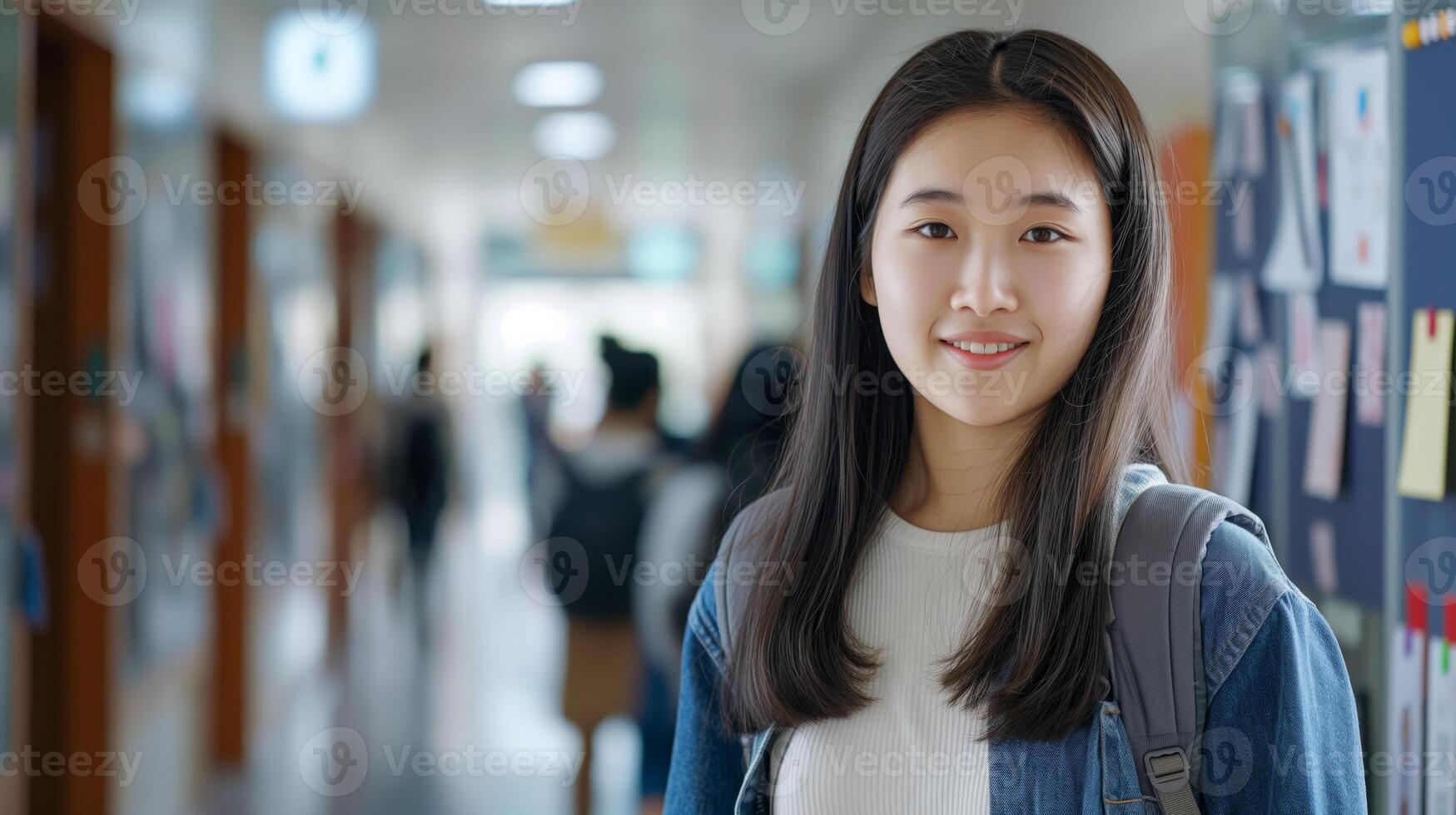 Asian Female Student in University Hallway Smiling Confidently, Diverse Educational Concept photo