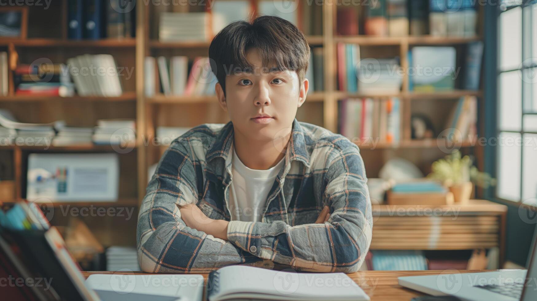Young Korean Male Student Sitting at Desk in a Library, Focused on Learning and Studying for Exams photo
