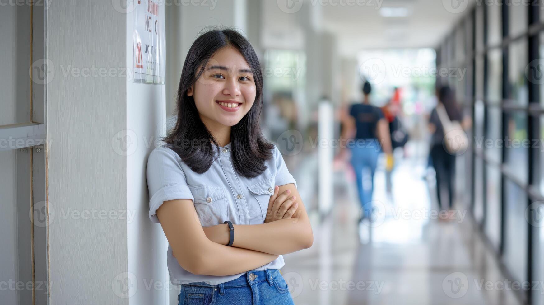 Confident Indonesian Female Student Standing in University Hallway, Smiling with Crossed Arms Education and Diversity photo