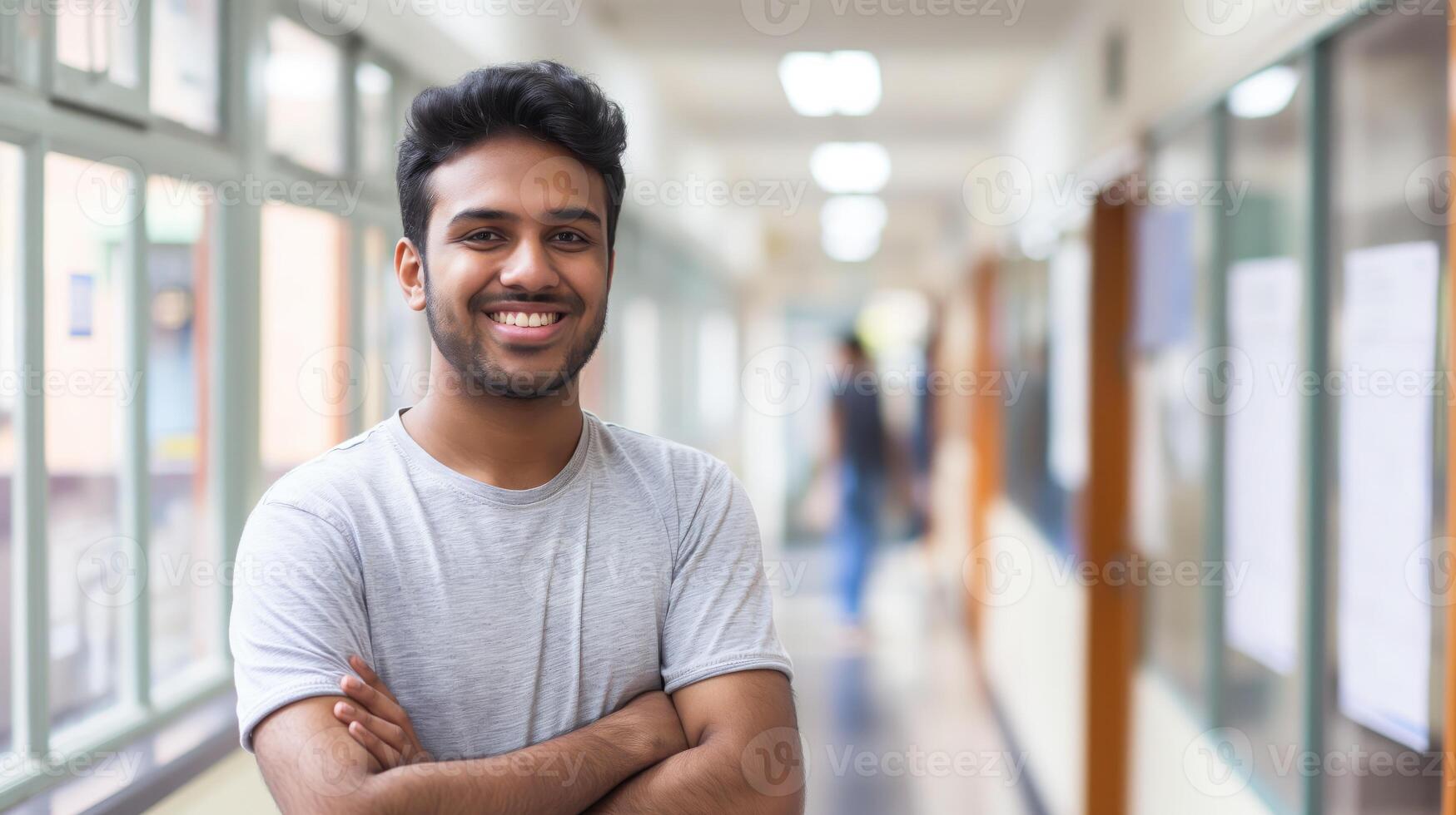 Indian Male University Student Smiling in a Bright Corridor, Embracing Education and Confidence photo