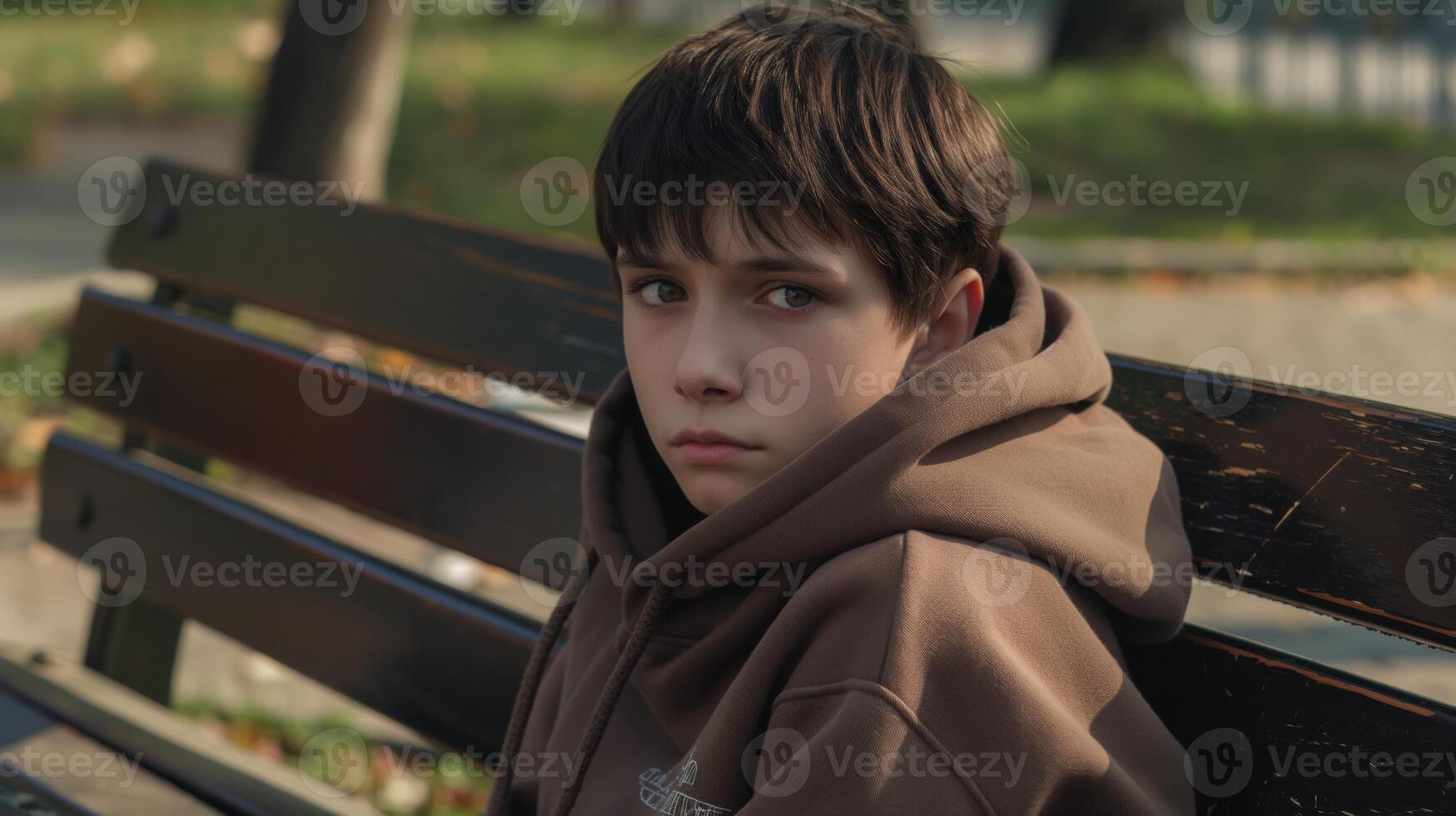 Reflective Young Boy on Park Bench, Autumn Day, Realistic Outdoor Portrait for Emotional Expression Stock Use photo