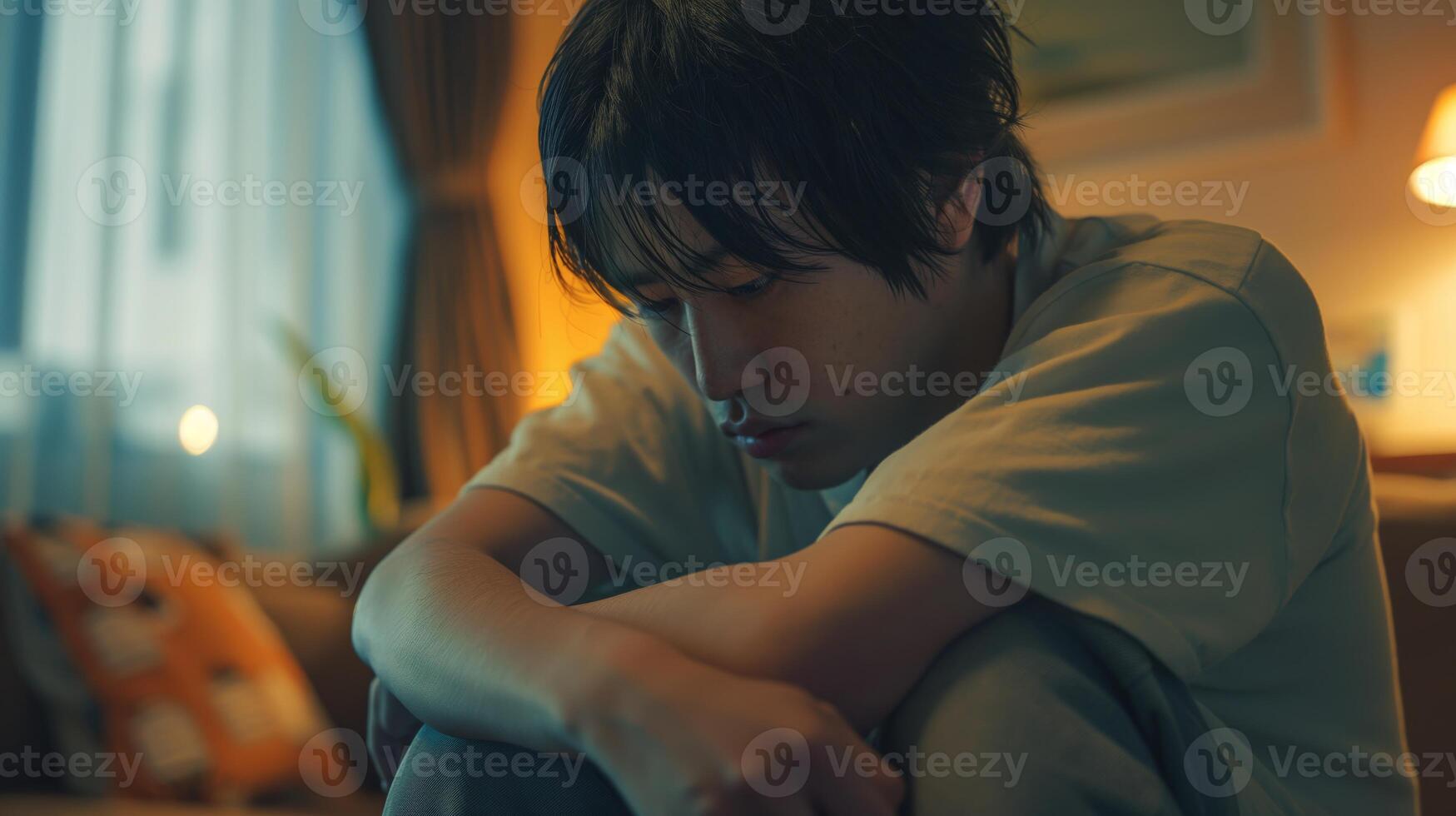 Introspective Young Japanese Man Sitting on Couch, Reflective Mood in Cozy Living Room Setting photo