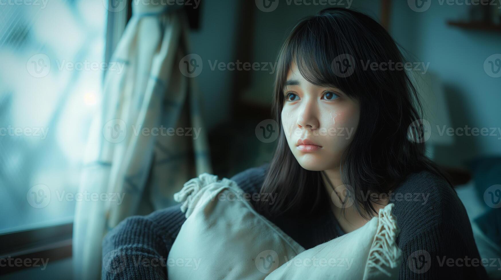 Pensive Japanese Woman Sitting by Window, Holding Pillow, Conceptual Photography for Emotion, Reflection, and Solitude Themes photo