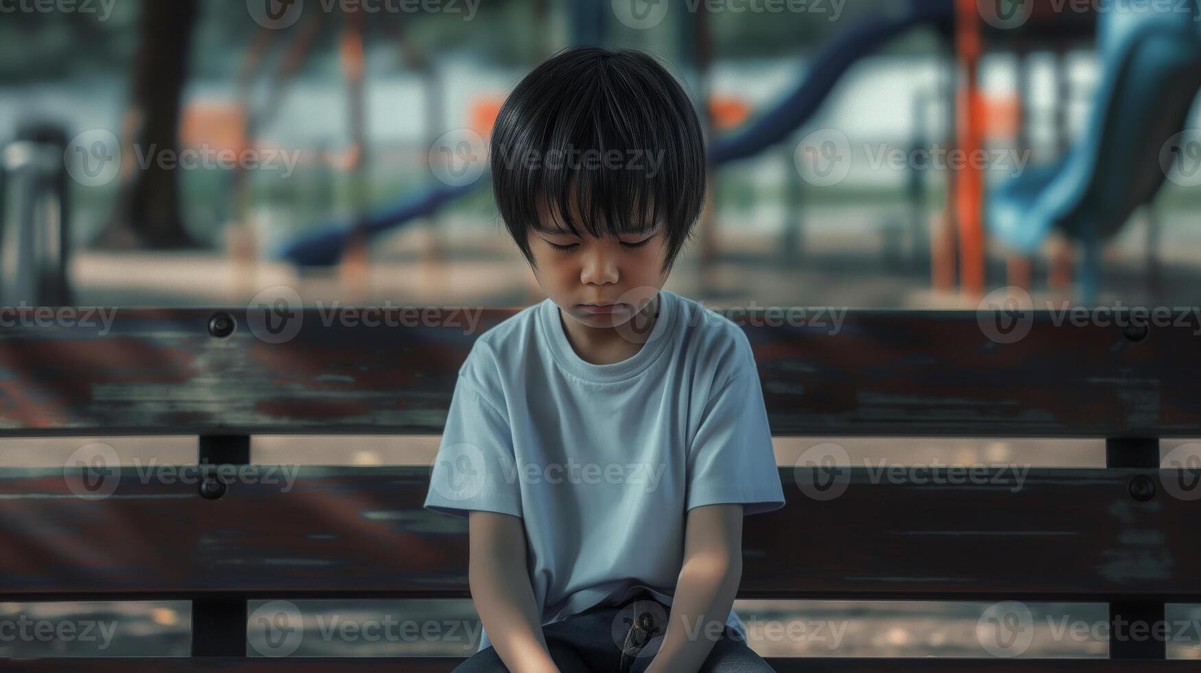 Thoughtful East Asian Boy Sitting Alone on Park Bench, Reflective Mood, Outdoor Playground Scenery photo