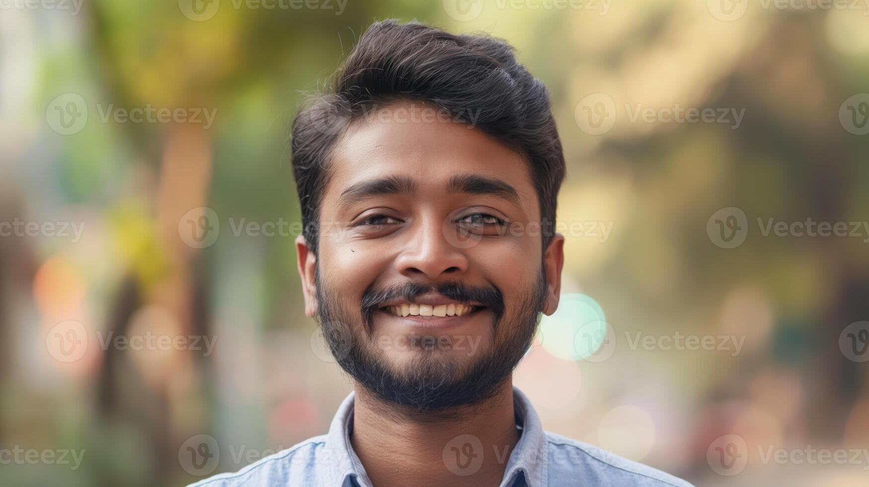 Young Indian Man Smiling, Casual Outdoor Portrait, Natural Setting, Warm Lighting, Perfect for Print, Web, Poster Design photo
