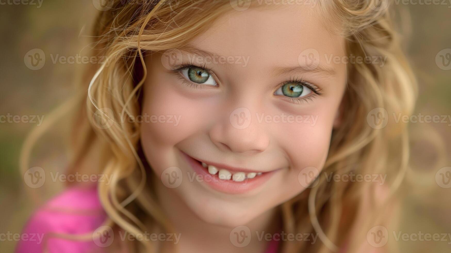 Smiling Young Girl with Blonde Hair, Green Eyes, Natural Background Ideal for Summer Vacation, Prints, Posters, and Cards photo