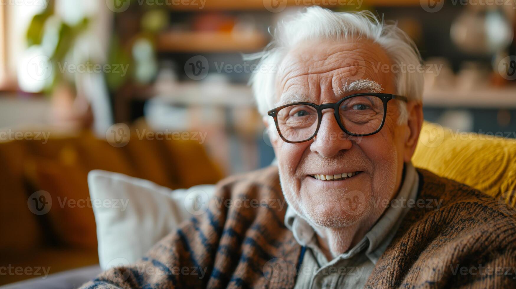 Warm Portrait of a Smiling Elderly British Man in Cozy Home Setting, Ideal for Print, Card, Poster, Senior Lifestyle Concepts photo