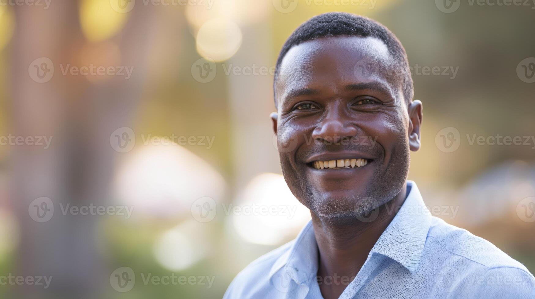 Smiling MiddleAged African Man in Outdoor Setting, Perfect for Profile Photos and Professional Use