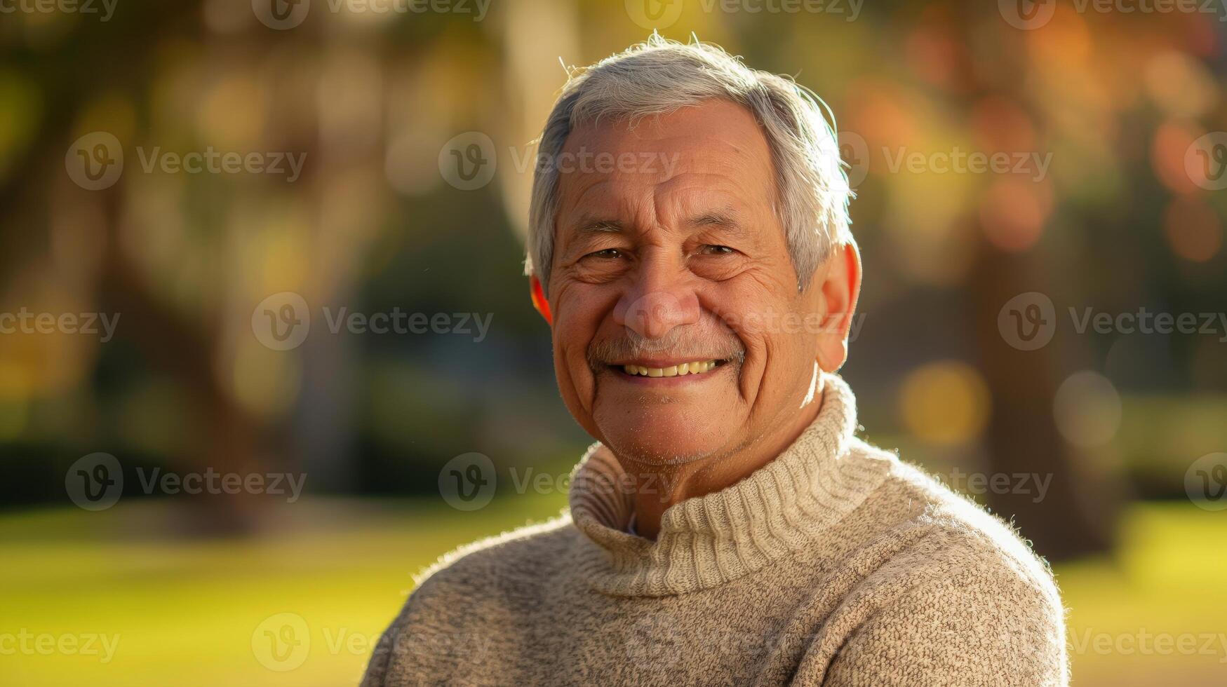 Warm Smile of Elderly Hispanic Man in Cozy Sweater, Outdoor Park, Autumn Afternoon Perfect for Friendly, Comforting Designs photo