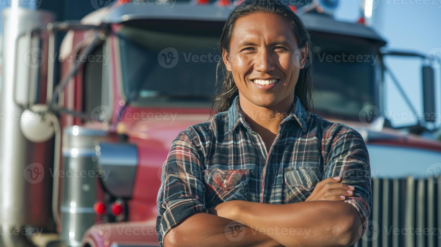 Native American Truck Driver Smiling Confidently in Front of Red SemiTruck, Automotive Industry, Transportation, Stock Image for Business, Advertisement, Poster Design photo