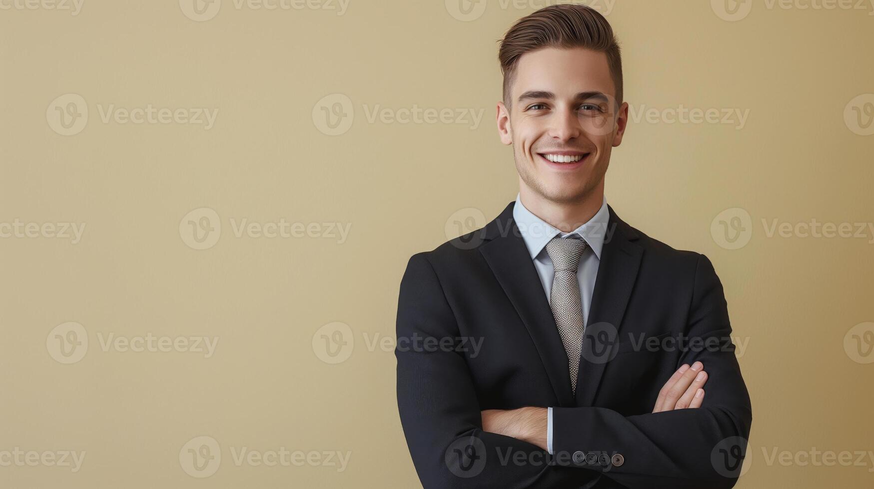 Young British Businessman Standing with Crossed Arms in Formal Attire, Professional and Confident photo