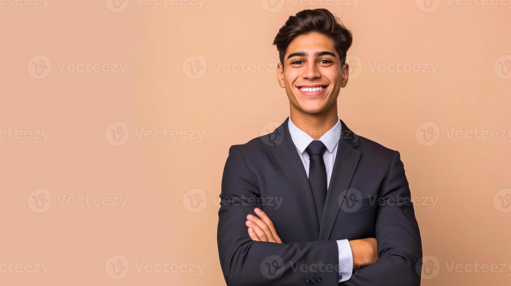 Confident Hispanic Young Businessman in Suit Smiling, Arms Crossed Against Neutral Background, Studio Portrait photo