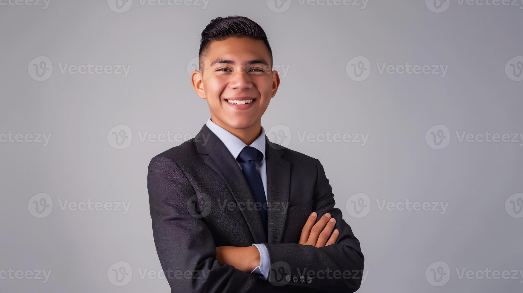 Young Native American Businessman in Formal Suit, Smiling, Arms Crossed, Isolated on Gray Background, Professional Portrait for Corporate Use photo