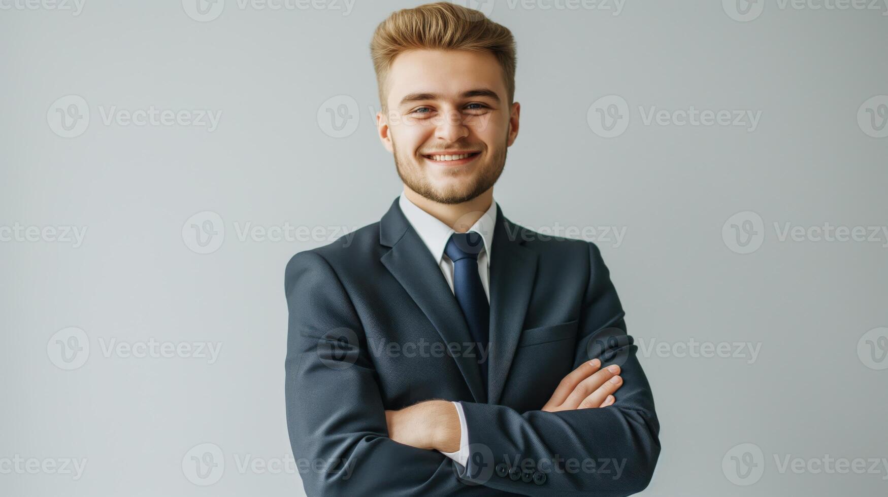 Confident Young Polish Businessman Smiling, Crossed Arms, Professional Suit, Career Success Concept, Office Background photo