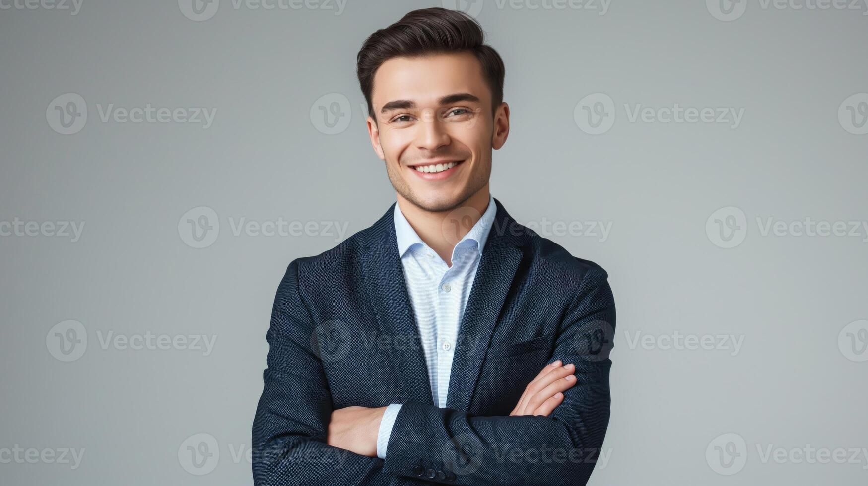 Confident Young Russian Businessman Smiling in Professional Attire for Corporate Design, Print, and Marketing Use photo