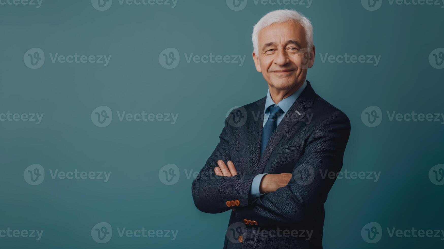 Confident Elderly French Businessman in Suit with Arms Crossed Against Blue Background for Professional Corporate Profile photo