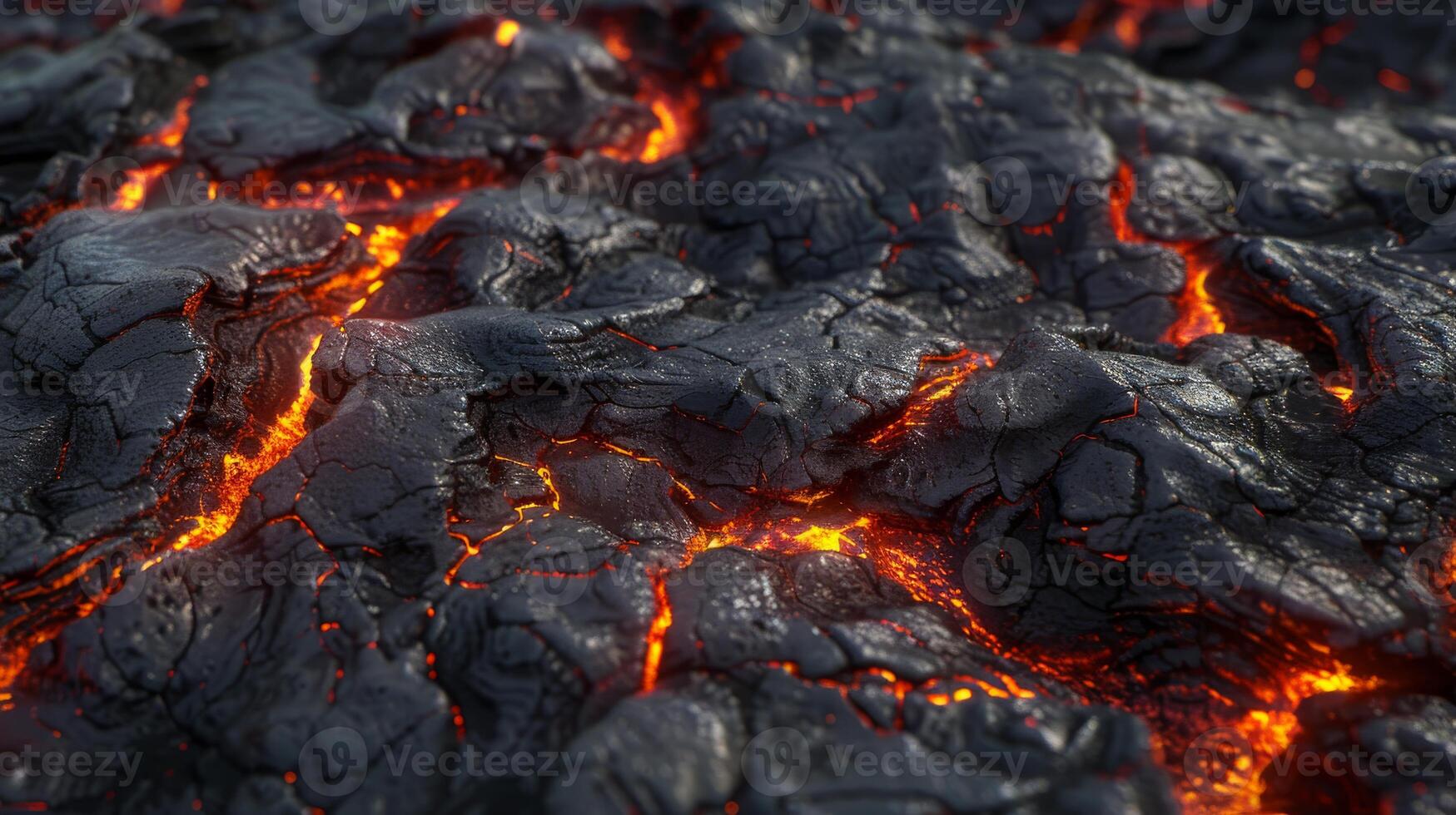 Detailed CloseUp of Dark Black Lava Surface with Glowing Red Cracks for Texture and Background Design photo