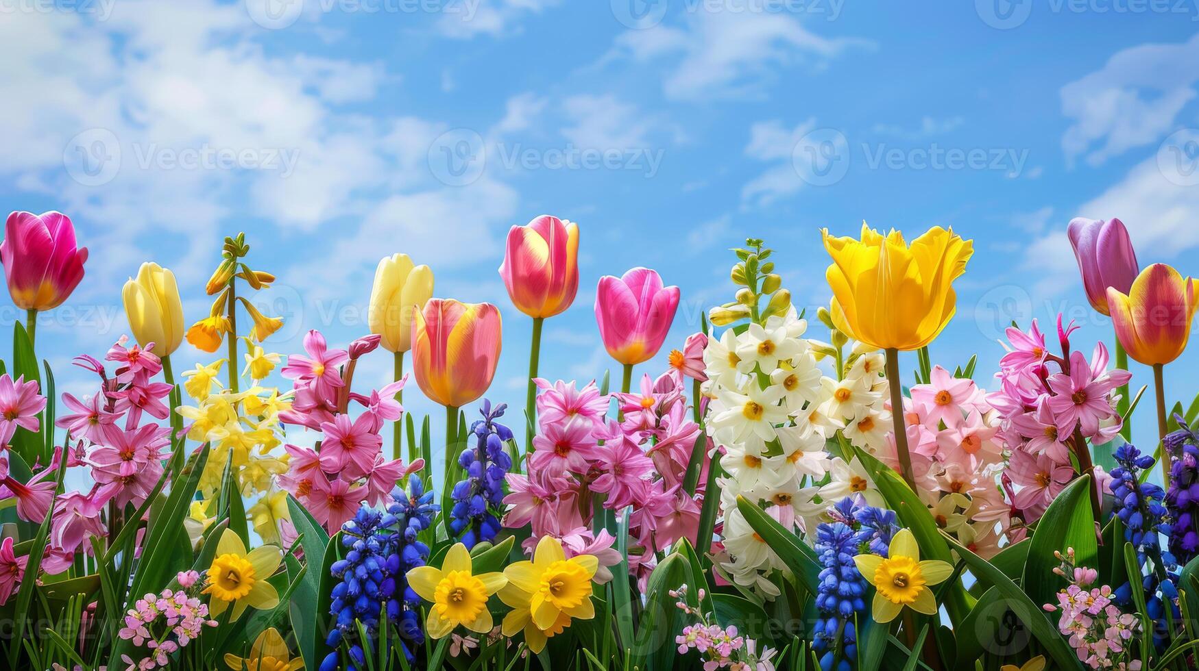 Vibrant Spring Flower Landscape with Tulips, Hyacinths, and Daffodils Under a Clear Blue Sky photo