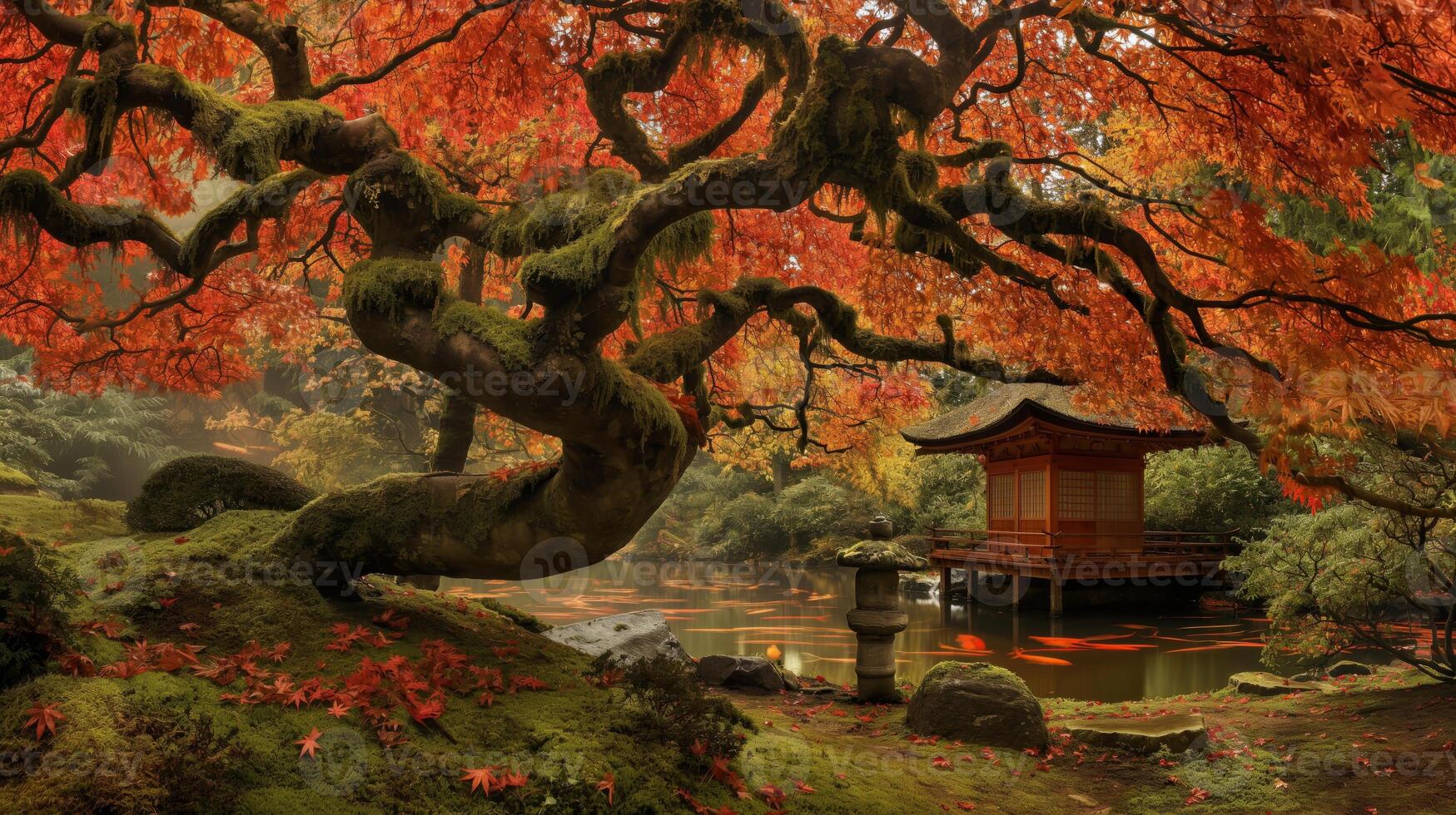 Tranquil Autumn Scene with Japanese Maple Tree and Traditional Pagoda in Serene Garden Design for Print Poster photo
