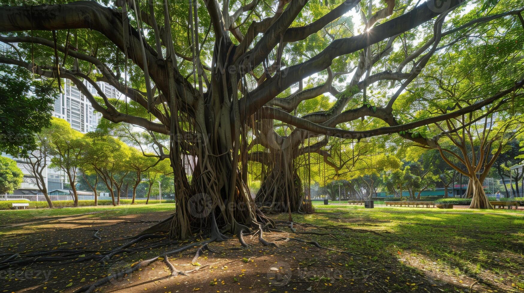 Majestic Banyan Tree in Urban Park Setting, Nature Conservation, Tranquil Green Space for Relaxation and Recreation photo
