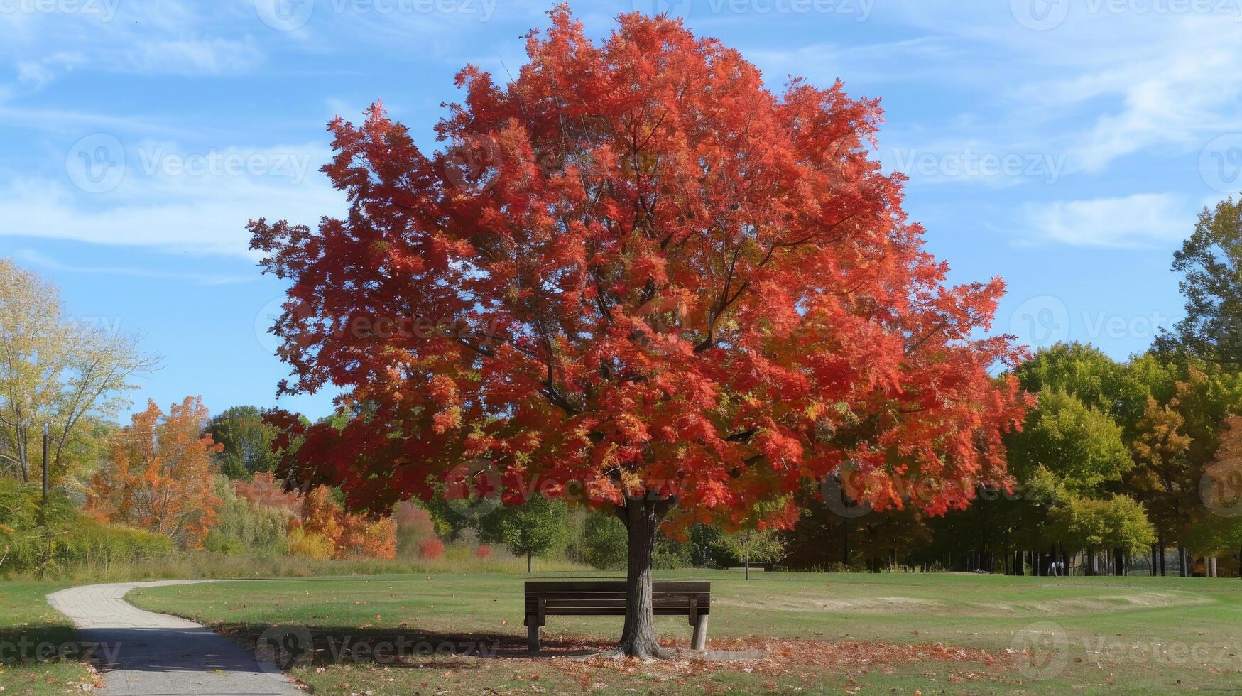Autumn Maple Tree in Suburban Park with Clear Blue Sky and Scenic Path for Nature Walks and Relaxation photo