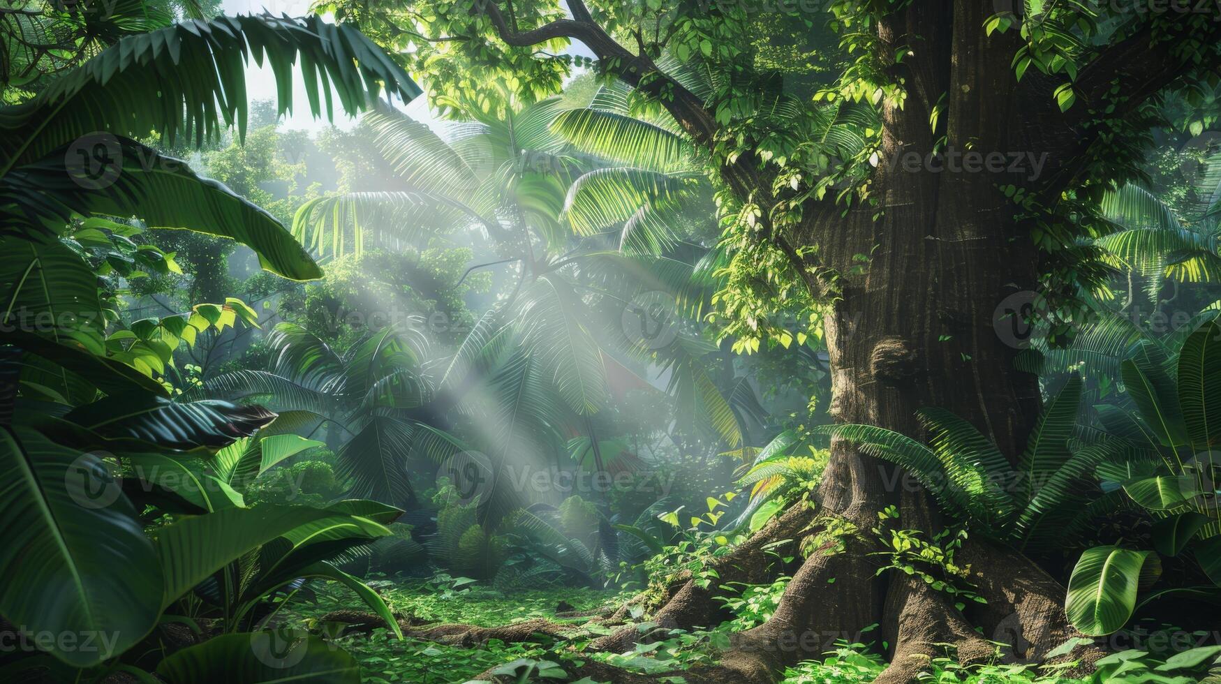 Lush Tropical Forest with Sunlight Filtering through Dense Canopy Ideal for Nature Design and Print photo