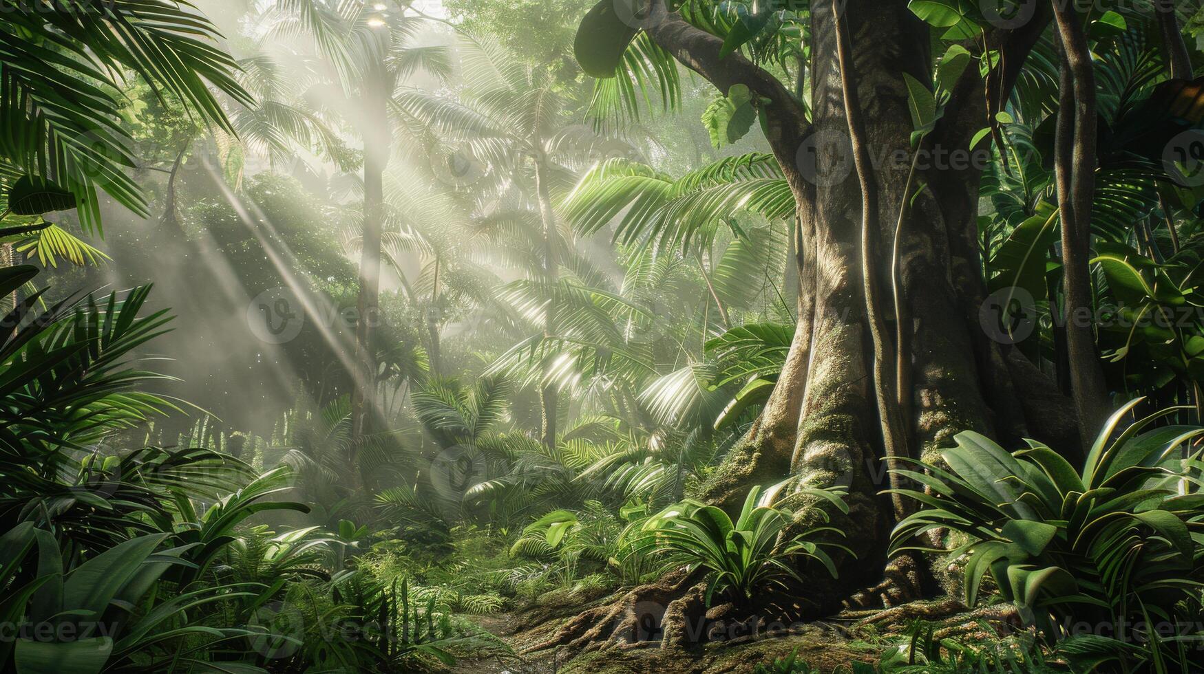 Lush Tropical Forest with Sunlight Streaming Through Trees, Ideal for Nature, Environmental, and Poster Designs photo
