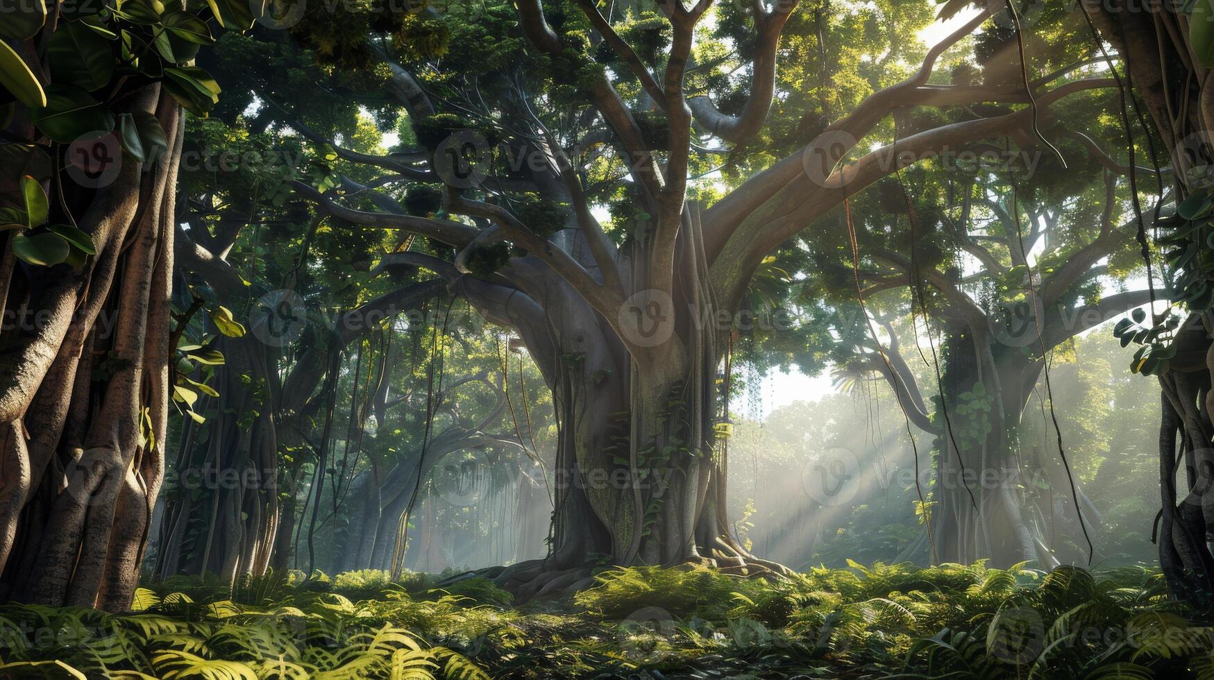 Majestic Banyan Tree with Sunlight Filtering Through Dense Tropical Forest Canopy photo