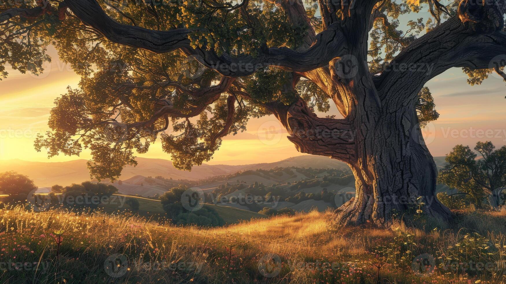 Majestic Oak Tree at Sunset on a Rolling Hillside Landscape Nature Scene Design for Print photo