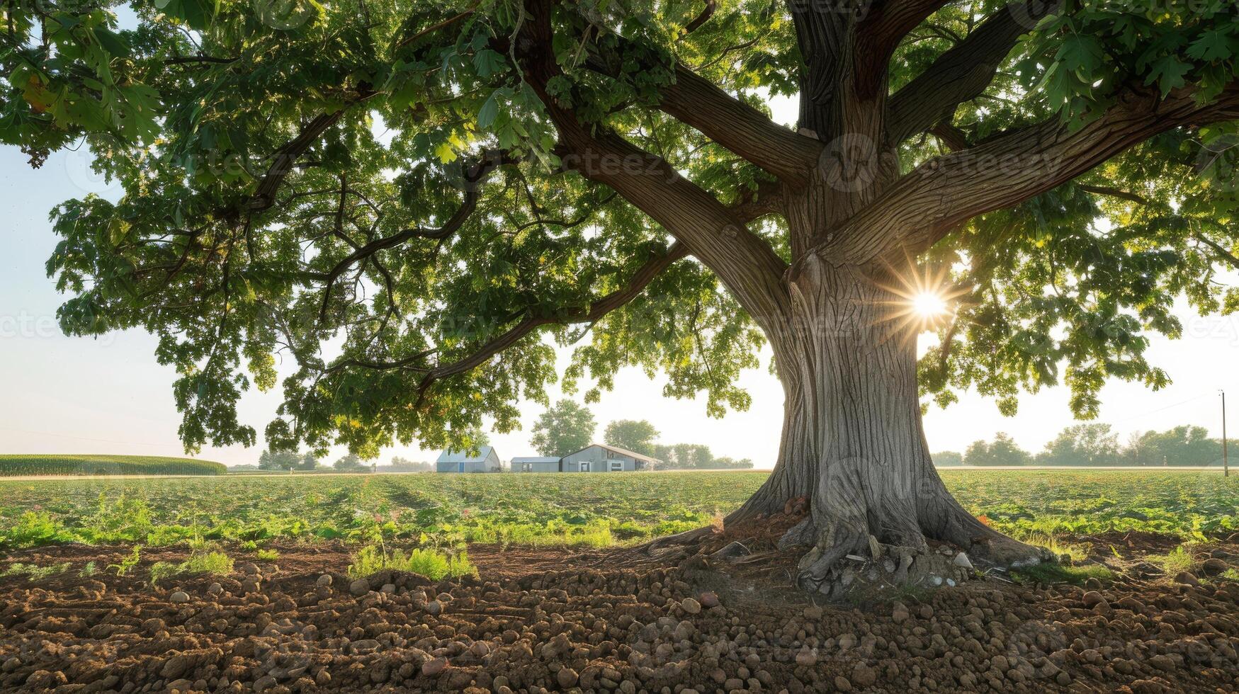 Scenic Agricultural Landscape with Majestic Walnut Tree and Rural Farmhouse in Background Suitable for Nature Prints, Posters, and Cards photo