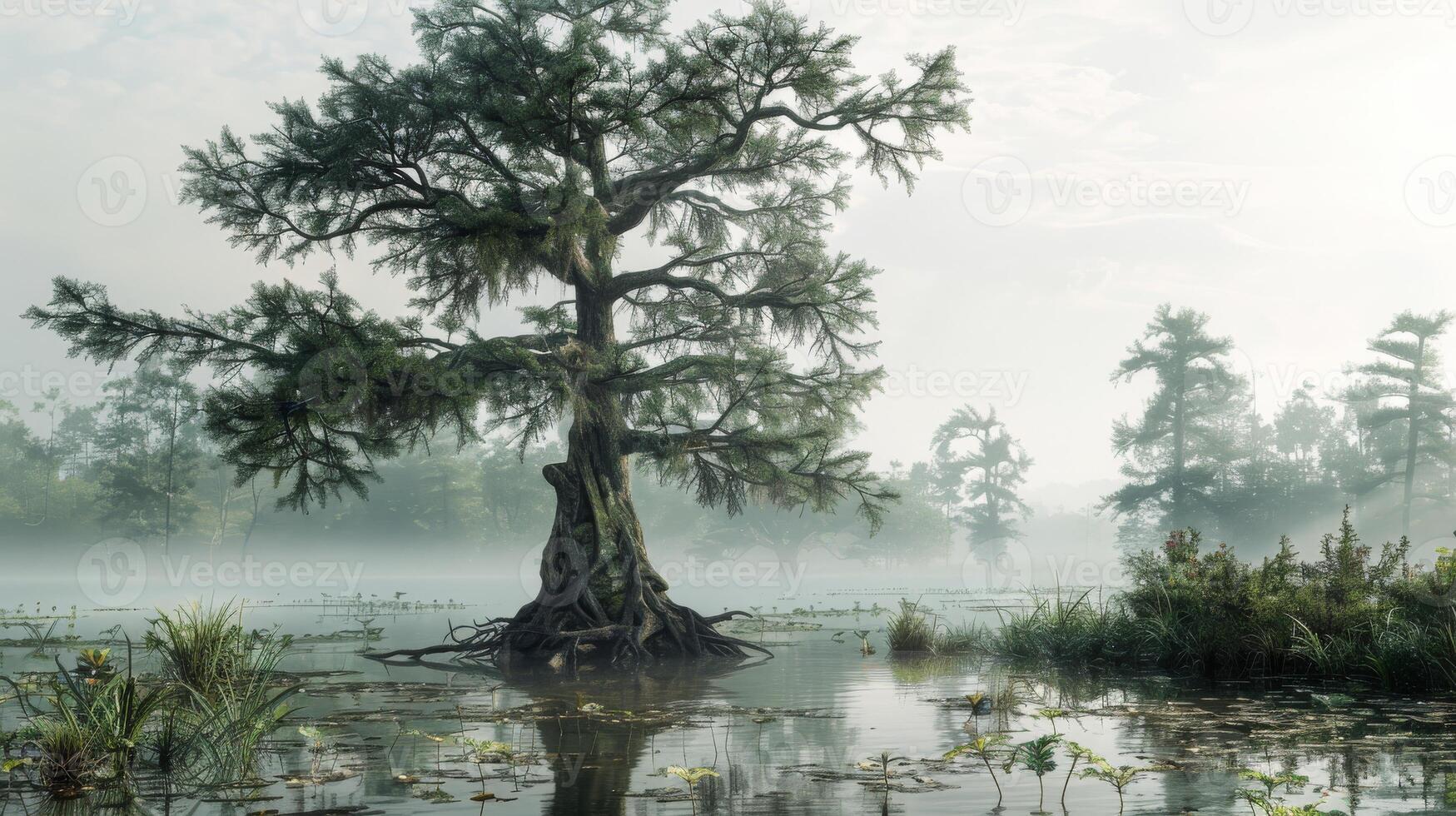 Majestic Cypress Tree Standing in Tranquil Foggy Wetlands for Nature and Landscape Photography photo