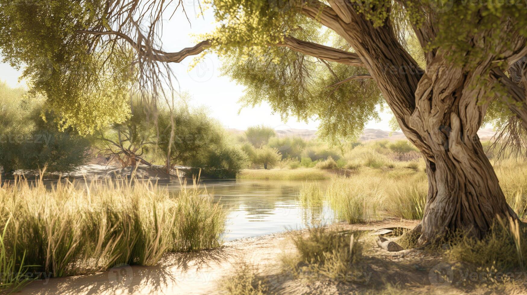 Serene Riverside Scene with Ancient Tamarisk Tree in Desert Oasis, Perfect for Nature Posters and Landscape Designs photo