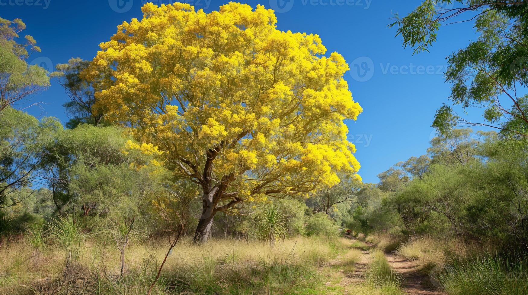 Golden Wattle Tree in Bloom on a Clear Day, Surrounded by Greenery, Ideal for NatureThemed Projects and Stock Photography photo