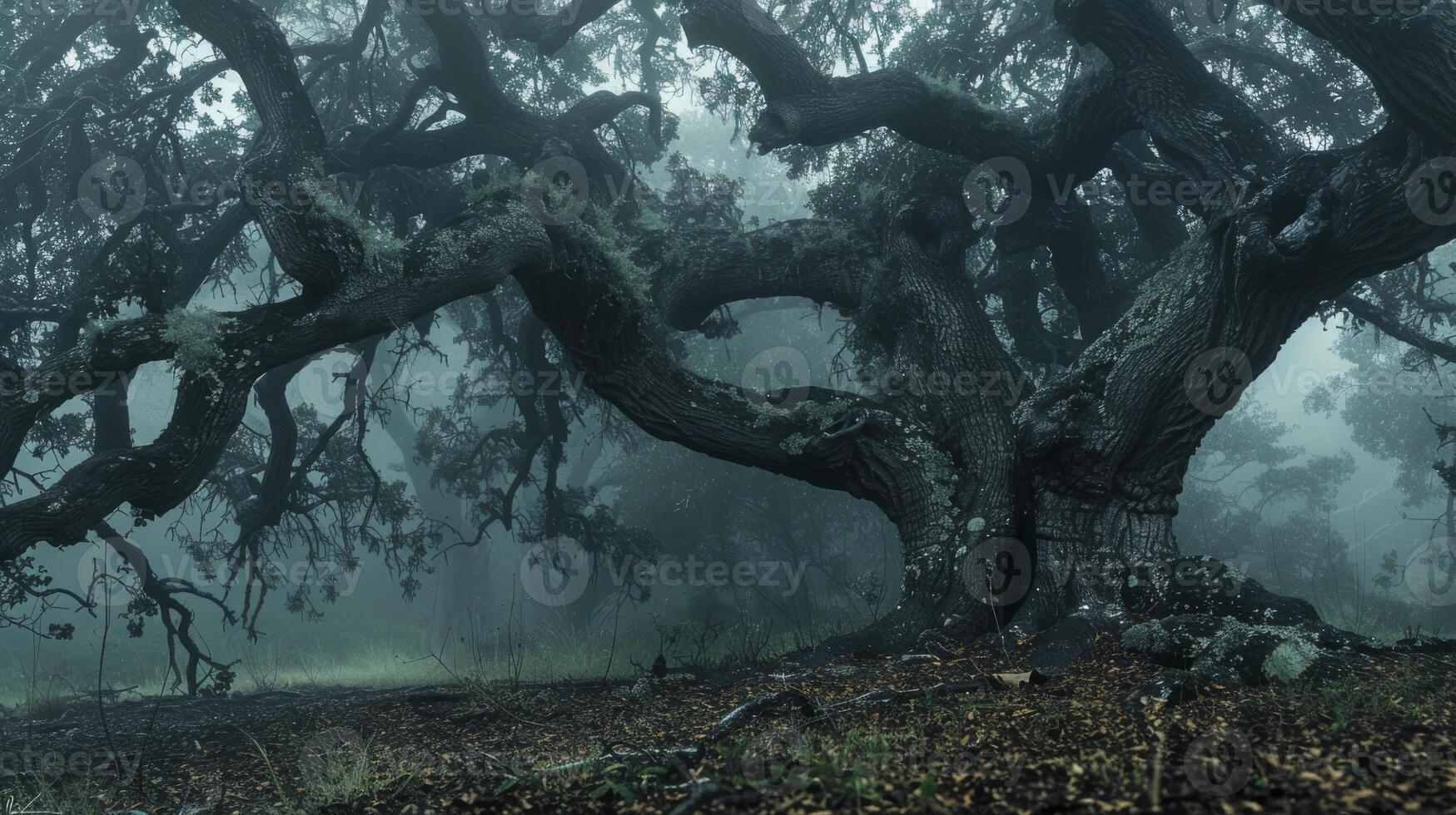 Mysterious Forest with Ancient Oak Tree, Misty Morning, Enchanted Nature Scenery, Landscape Photography for Print, Poster, Wall Art photo
