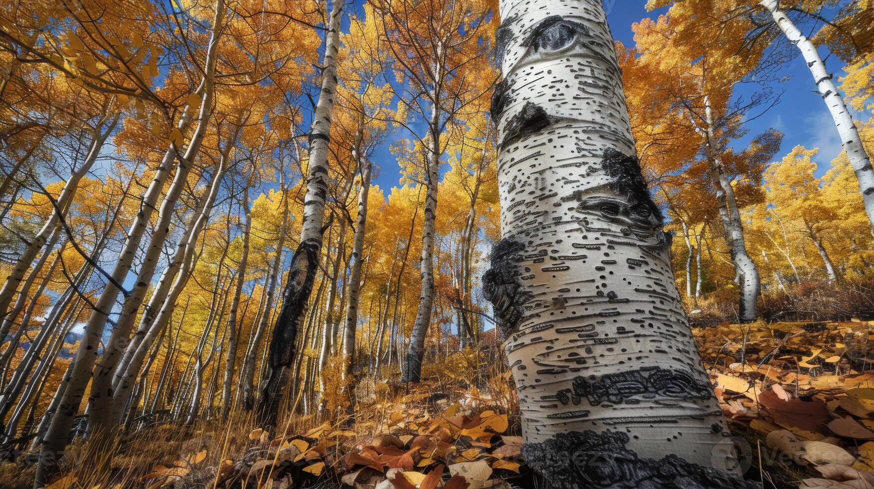 Vibrant Autumn Aspen Forest with Striking Tree Trunk Details in Colorado Mountains Perfect for Nature Print and Wall Art photo