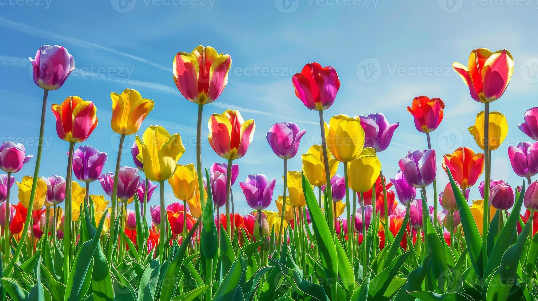 Colorful Field of Blooming Tulips under Clear Blue Sky Nature Photography for Spring Celebrations and Design photo