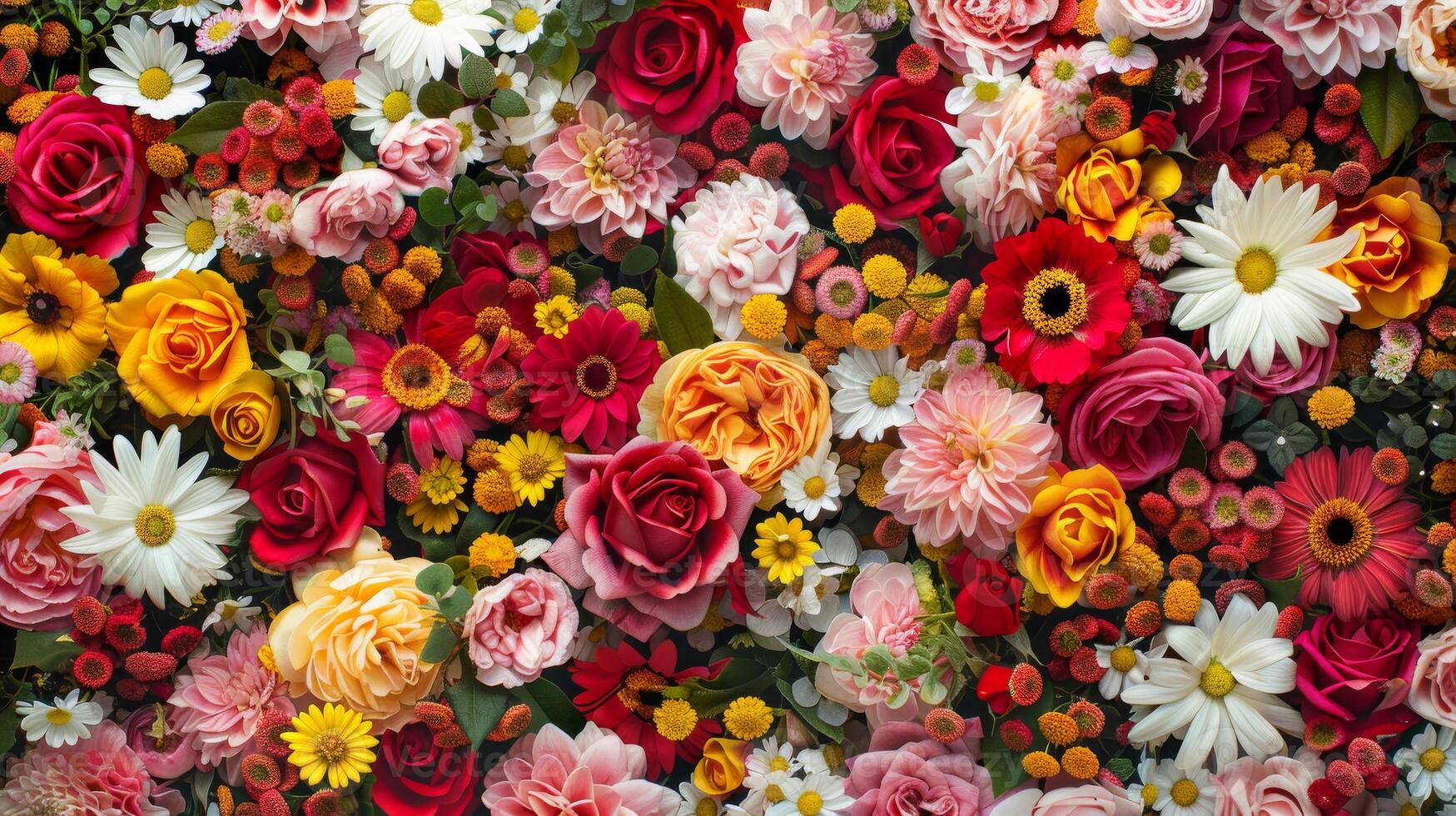 Vibrant Floral Background with Colorful Roses, Daisies, and Various Blooms for Spring and Summer Designs photo